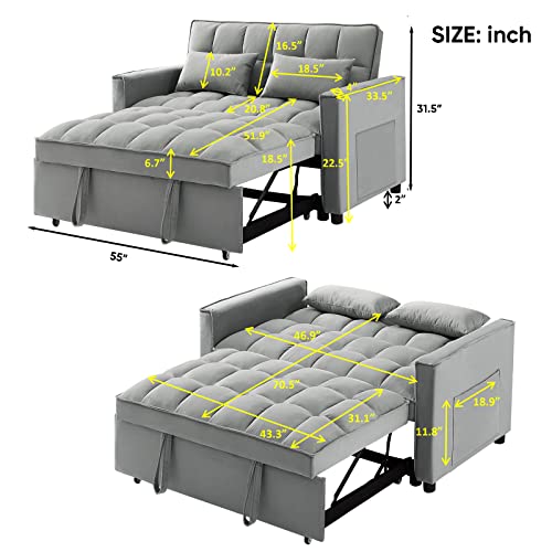 Convertible Velvet Sofa Bed with Pillows - Grey