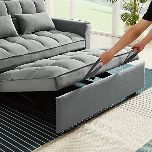 Convertible Velvet Sofa Bed with Pillows - Grey