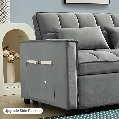 Convertible Velvet Sofa Bed with Pillows - Grey