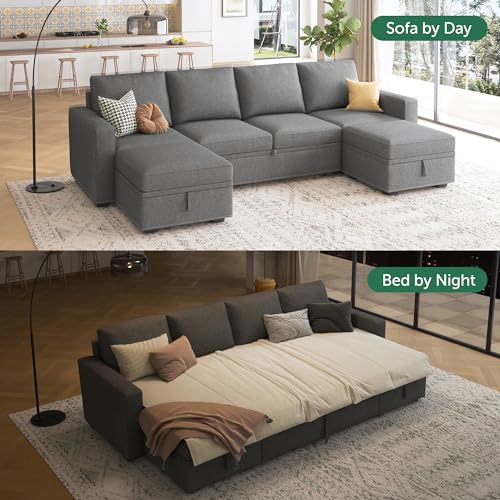 HONBAY Dark Grey Modular Sleeper Sectional Sofa