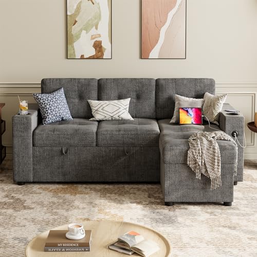 Pull-Out Sofa Bed with Storage, USB Ports, L-Shaped