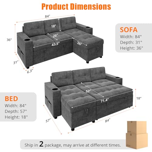 Pull-Out Sofa Bed with Storage, USB Ports, L-Shaped