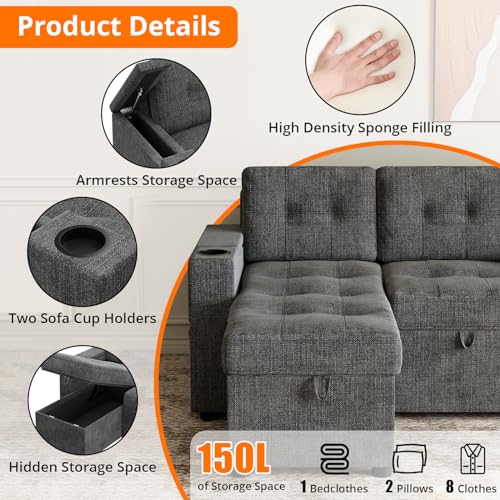 Pull-Out Sofa Bed with Storage, USB Ports, L-Shaped