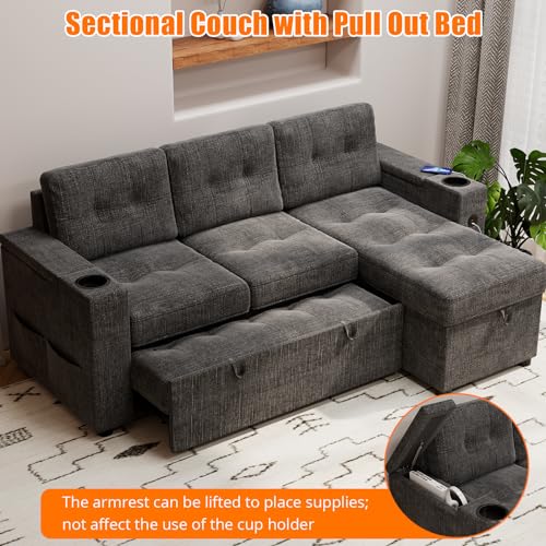 Pull-Out Sofa Bed with Storage, USB Ports, L-Shaped