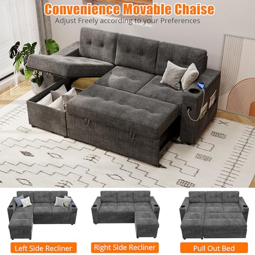 Pull-Out Sofa Bed with Storage, USB Ports, L-Shaped