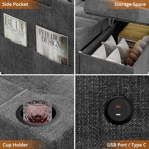 Pull-Out Sofa Bed with Storage, USB Ports, L-Shaped