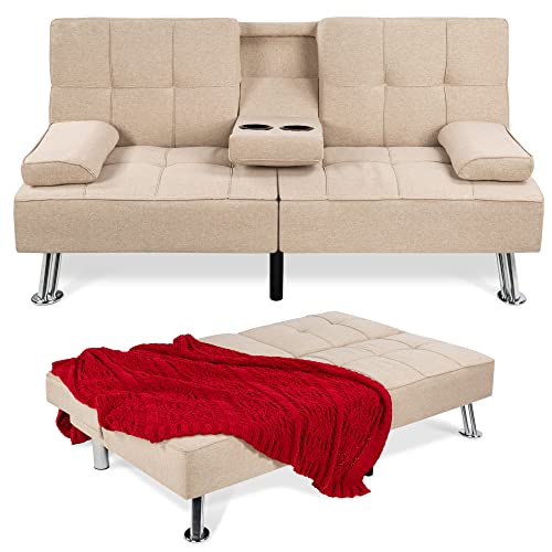 Modern Beige Folding Futon Sofa Bed with Cupholders