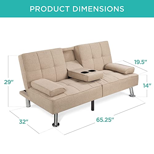 Modern Beige Folding Futon Sofa Bed with Cupholders