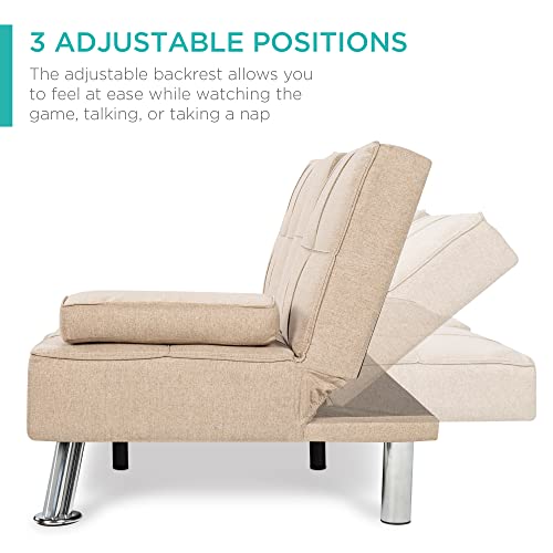 Modern Beige Folding Futon Sofa Bed with Cupholders