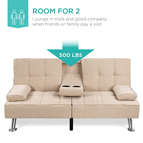 Modern Beige Folding Futon Sofa Bed with Cupholders