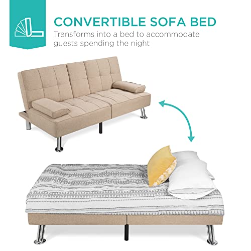 Modern Beige Folding Futon Sofa Bed with Cupholders