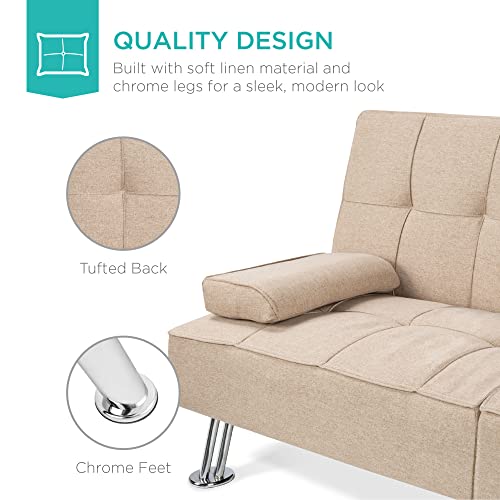 Modern Beige Folding Futon Sofa Bed with Cupholders