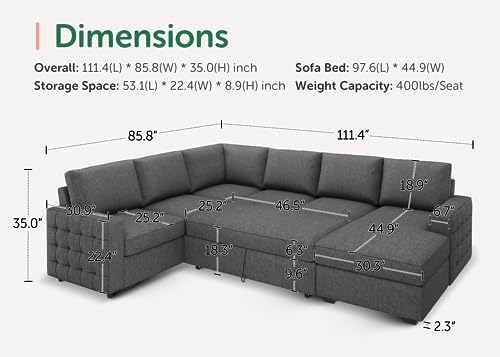 HONBAY U-Shape Sleeper Sectional Sofa with Chaise