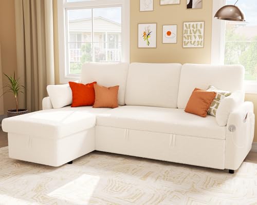 White Sleeper Sectional Sofa with Storage & USB