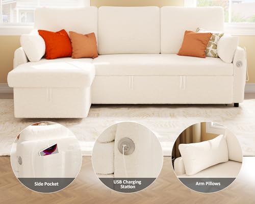 White Sleeper Sectional Sofa with Storage & USB