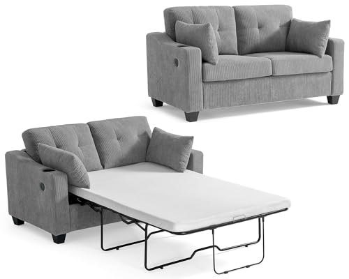 Grey Corduroy Convertible Sleeper Sofa with USB