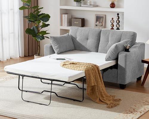 Grey Corduroy Convertible Sleeper Sofa with USB