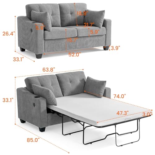 Grey Corduroy Convertible Sleeper Sofa with USB
