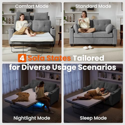 Grey Corduroy Convertible Sleeper Sofa with USB
