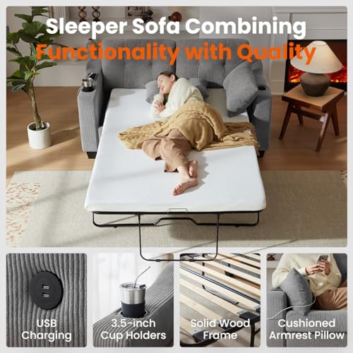 Grey Corduroy Convertible Sleeper Sofa with USB