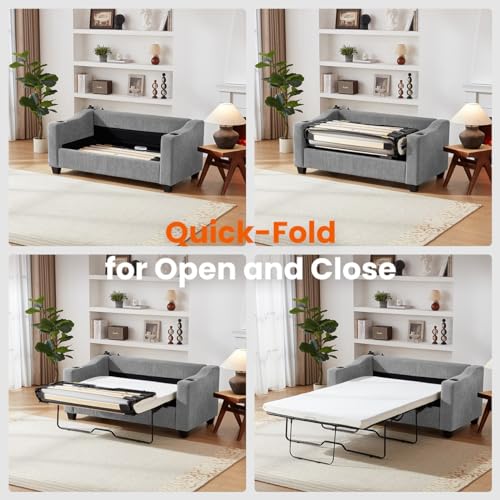 Grey Corduroy Convertible Sleeper Sofa with USB