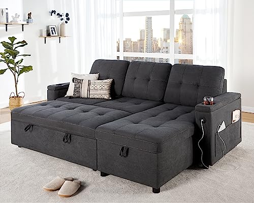 Grey L-Shaped Sofa Bed with USB Charging