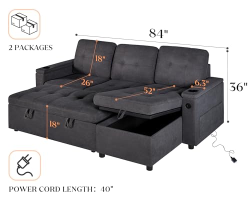 Grey L-Shaped Sofa Bed with USB Charging