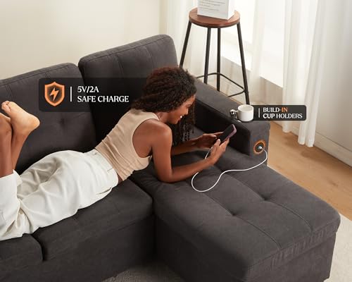 Grey L-Shaped Sofa Bed with USB Charging