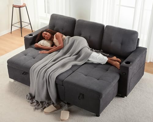 Grey L-Shaped Sofa Bed with USB Charging