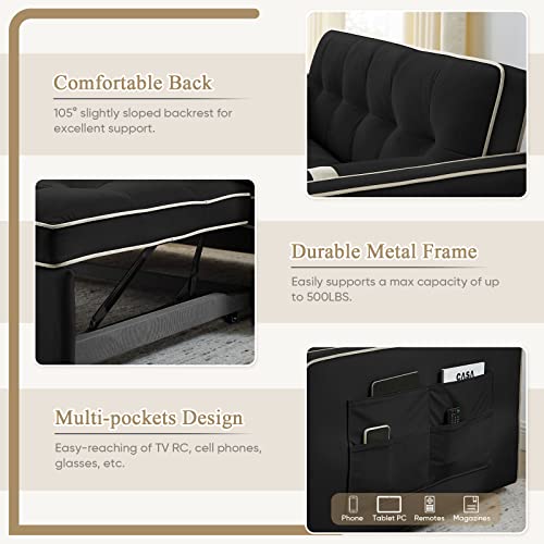 Convertible Velvet Sleeper Sofa Bed, Black