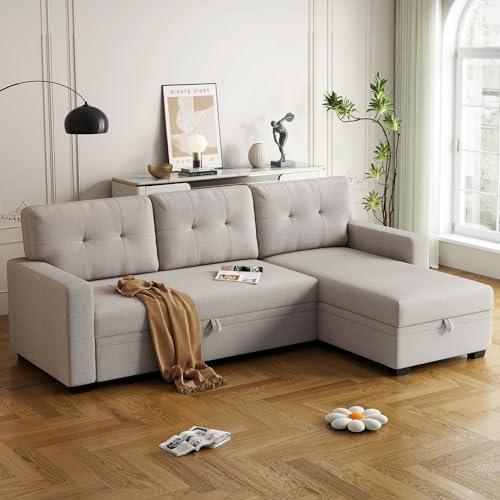 Convertible L-Shaped Sleeper Sofa with Storage Chaise, Beige