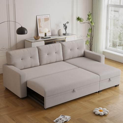 Convertible L-Shaped Sleeper Sofa with Storage Chaise, Beige