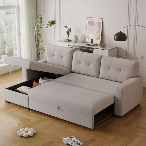 Convertible L-Shaped Sleeper Sofa with Storage Chaise, Beige
