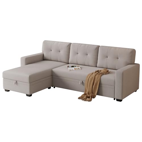 Convertible L-Shaped Sleeper Sofa with Storage Chaise, Beige