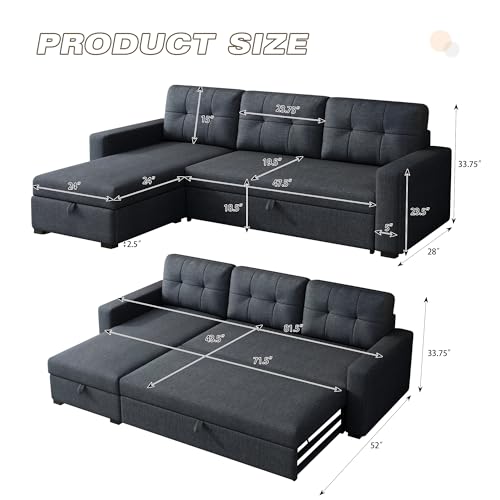 81.5" Dark Grey L-Shaped Sleeper Sofa with Chaise