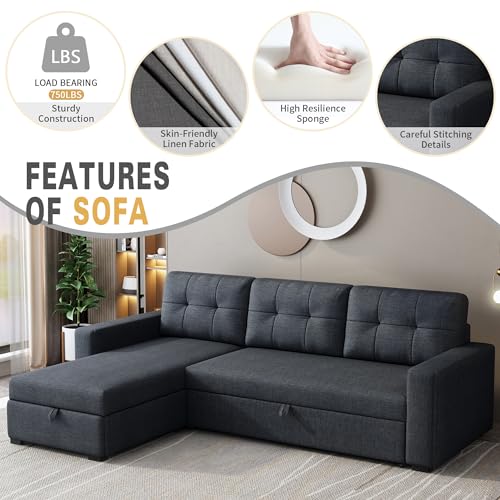81.5" Dark Grey L-Shaped Sleeper Sofa with Chaise