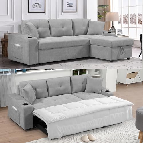 Gray L-Shaped Sleeper Sofa with Storage & Cup Holders