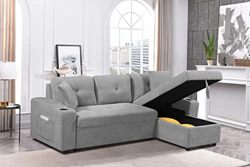 Gray L-Shaped Sleeper Sofa with Storage & Cup Holders