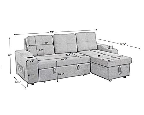Gray L-Shaped Sleeper Sofa with Storage & Cup Holders