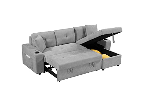 Gray L-Shaped Sleeper Sofa with Storage & Cup Holders