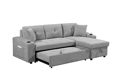 Gray L-Shaped Sleeper Sofa with Storage & Cup Holders