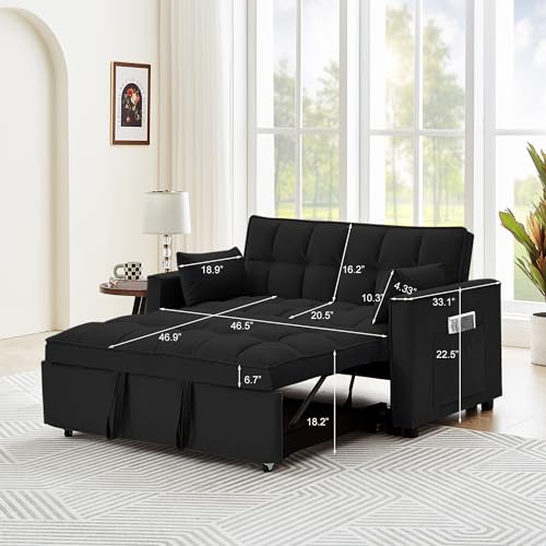 Black Convertible Sofa Bed with Pillows & Adjustable Backrest