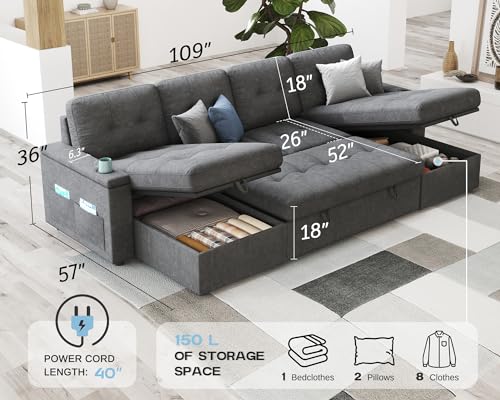 Dark Grey U-Shaped Sleeper Sofa with Storage and USB
