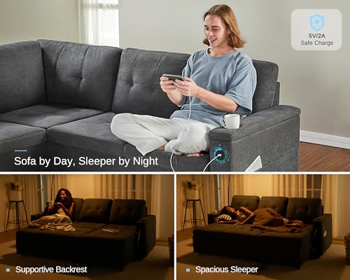 Dark Grey U-Shaped Sleeper Sofa with Storage and USB
