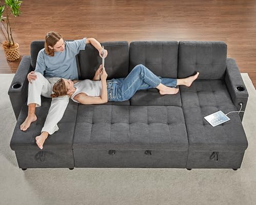 Dark Grey U-Shaped Sleeper Sofa with Storage and USB