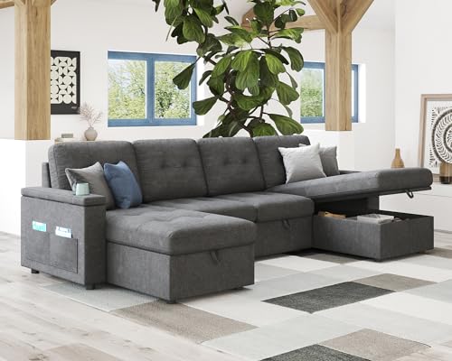 Dark Grey U-Shaped Sleeper Sofa with Storage and USB