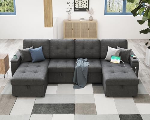 Dark Grey U-Shaped Sleeper Sofa with Storage and USB