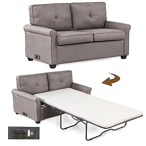 Light Grey Pull-Out Sofa Bed with USB Charger