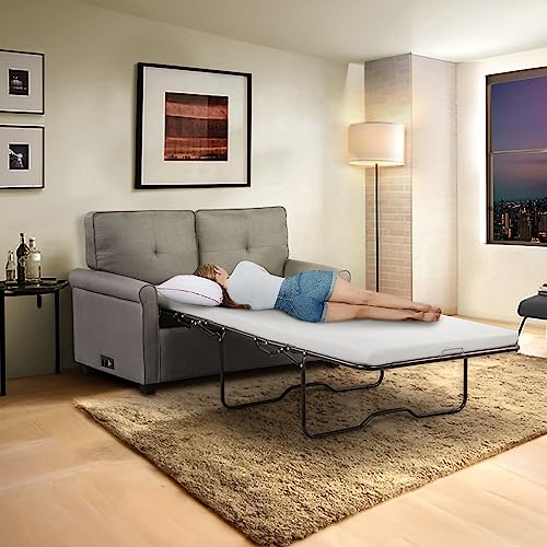 Light Grey Pull-Out Sofa Bed with USB Charger