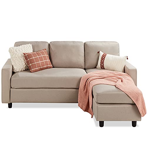 Beige Upholstered L-Shaped Sectional Sofa with Chaise